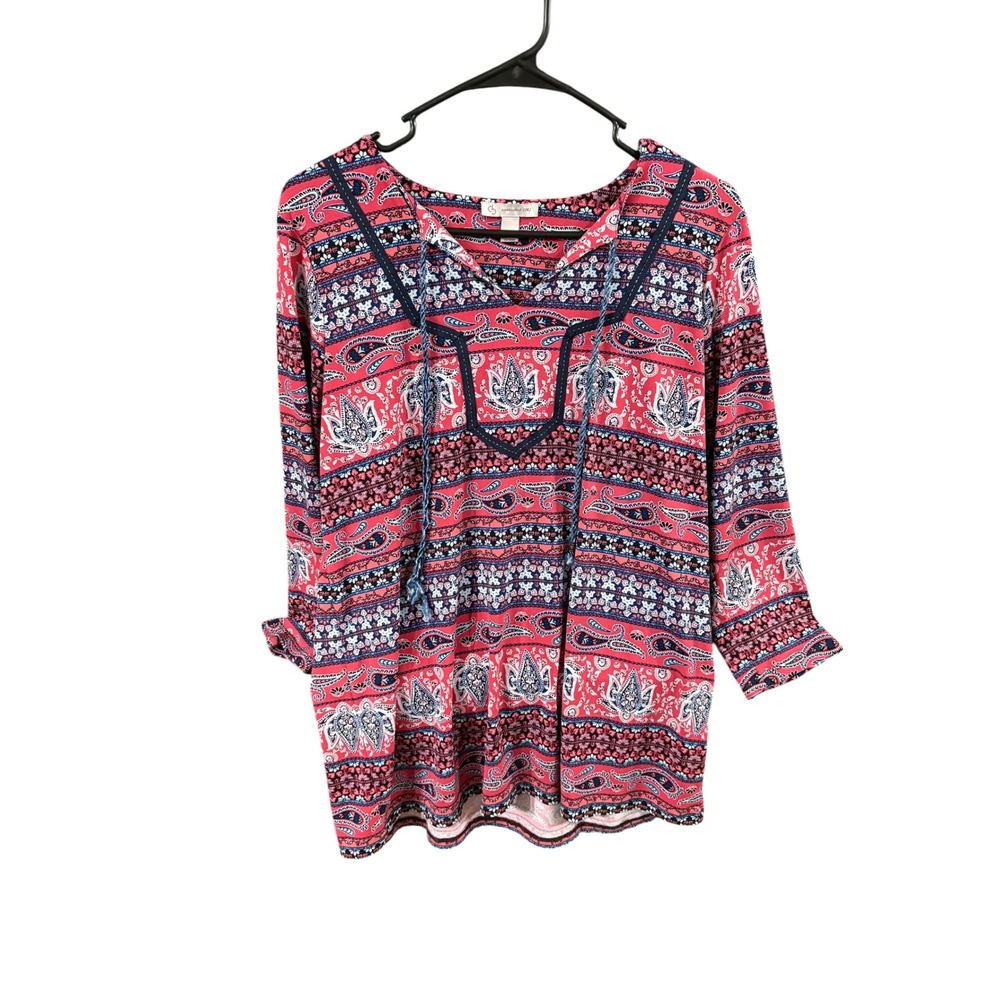CJ Banks Pink Blue Paisley Print Crochet Trim Tassel Tie Peasant Blouse Top M